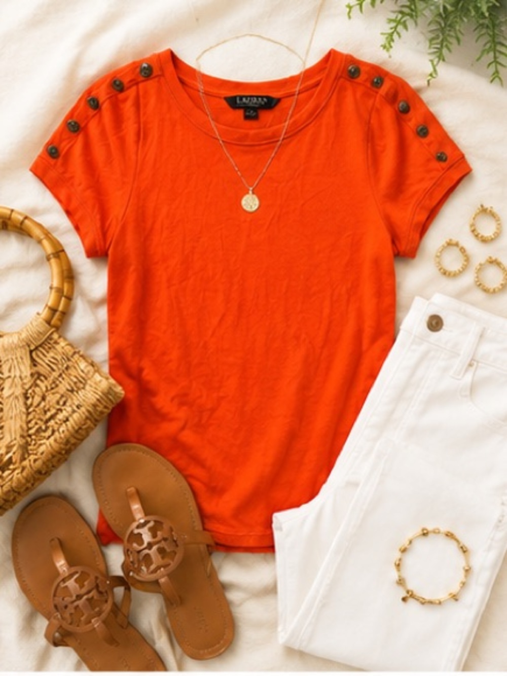 Lauren Ralph Lauren Orange Cotton Button Shoulder Tee Women’s Medium Preppy - Picture 2 of 7